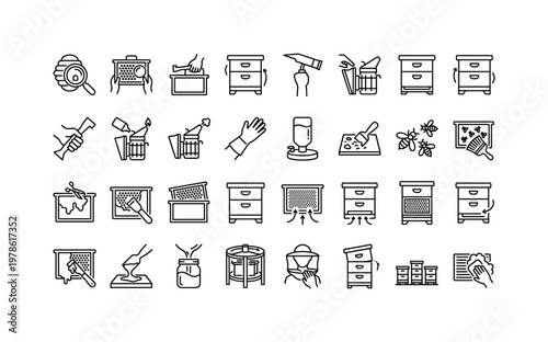 Beekeeper tool usage with hive inspection, frame lifting, honey scraping, smoking bees, feeding, and maintenance actions clean