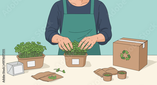 Hands planting seeds into pots on a table with a box and containers for recycling