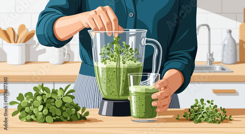 Making a green smoothie with fresh herbs in a kitchen setting during the day