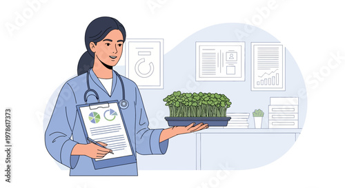 Nurse holds plant tray in clinic while looking at clipboard with charts and graphs during working hours in healthcare setting
