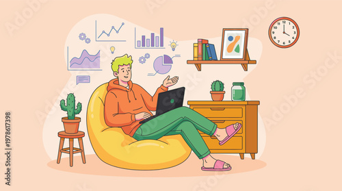 A man sitting on a yellow beanbag chair with a laptop