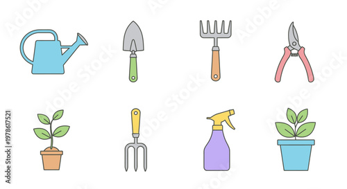 Gardening tools and plants icons set.