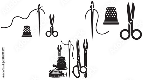 Sewing Tools and Notions Icon Set — Minimal Black-and-White Tailoring Silhouettes, Flat Vector, Isolated On White