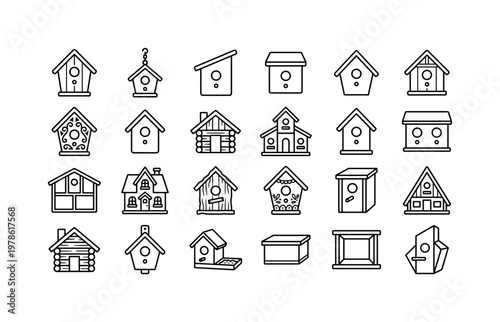 Birdhouses with wooden nesting boxes, decorative bird cabins, hanging houses, backyard bird shelters, and small aviary homes clean