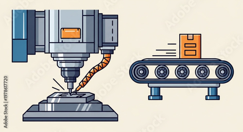 Industrial manufacturing machine and conveyor belt with box.
