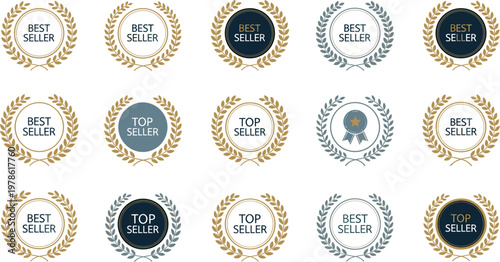 Best seller laurel wreath badge collection with premium award seals and elegant circular labels for branding marketing and product promotion vector illustration