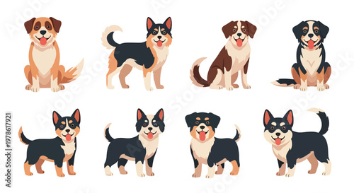 Collection set flat style vector illustration of cute dogs in various poses, playful puppy characters, pet animals isolated, friendly domestic canine design
