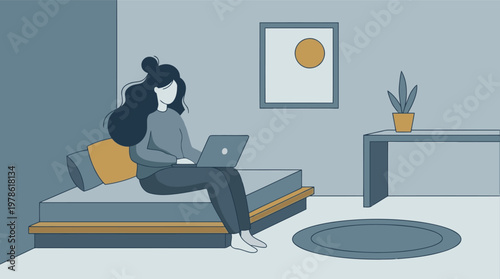 A woman sits on a mattress with a laptop