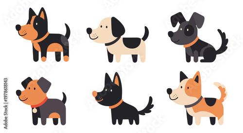 Collection set flat style vector illustration of cute dogs in various poses, playful puppy characters, pet animals isolated, friendly domestic canine design
