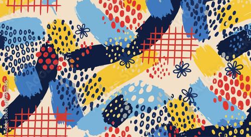 Vibrant abstract pattern featuring insects and geometric shapes on a beige background