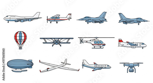 Collection of various aircraft and flying machines.