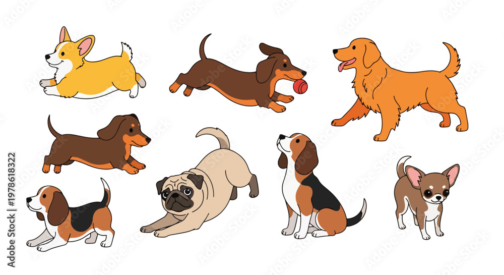 Fototapeta premium Collection set flat style vector illustration of cute dogs in various poses, playful puppy characters, pet animals isolated, friendly domestic canine design