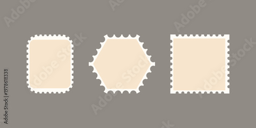 Set of blank frames of postage stamps. a retro post stamp set. Empty postal shapes border, and a collection of paper postmarks, suitable for mailing letters.