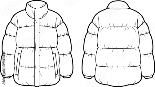 Front and back view of a puffer jacket fashion illustration on white background Keywords: puffer jacket, down jacket, winter coat