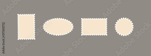 Set of blank frames of postage stamps. a retro post stamp set. Empty postal shapes border, and a collection of paper postmarks, suitable for mailing letters.
