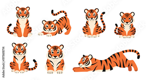 Collection set flat style vector illustration of tigers in different poses, wild animals isolated, jungle predator characters, strong feline wildlife design