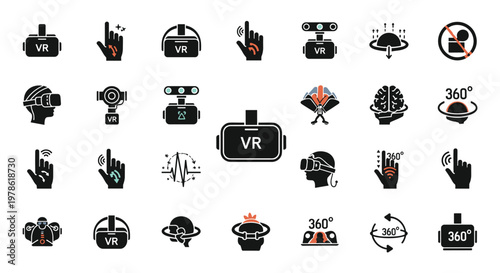 Large set of black and white virtual reality icons including headsets, hand gestures, 360-degree views, motion tracking, and brain interaction symbols.