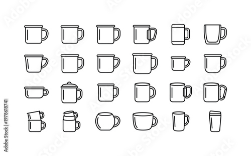 Camping mugs with enamel cups, metal mugs, insulated mugs, foldable handles and outdoor drinking vessels clean monoline outline