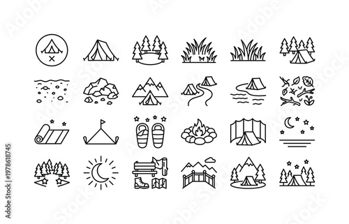 Camping sleeping environments with tents campsites forest clearings mountain camps and outdoor rest areas clean monoline outline