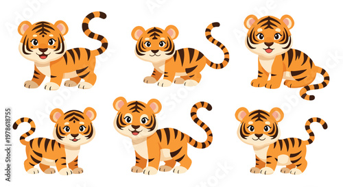 Collection set flat style vector illustration of tigers in different poses, wild animals isolated, jungle predator characters, strong feline wildlife design