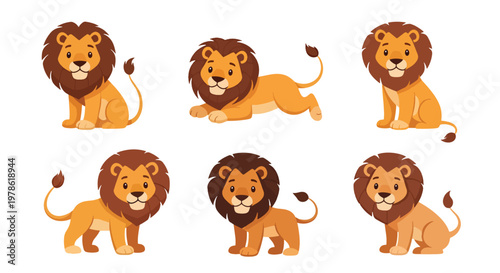 Collection set flat style vector illustration of lions in various poses, wild animals isolated, king of jungle concept, strong feline characters design