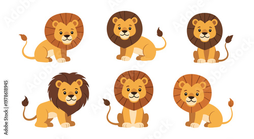 Collection set flat style vector illustration of lions in various poses, wild animals isolated, king of jungle concept, strong feline characters design
