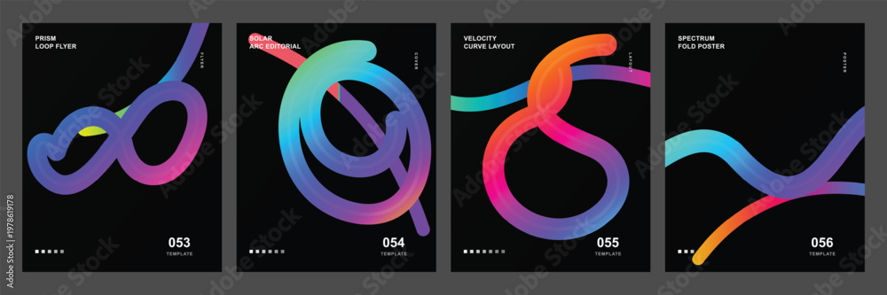 Fototapeta premium Set of 4 abstract neon gradient ribbon posters on black background, futuristic glowing infinity, spiral, loop and wave designs, modern minimal cover template collection