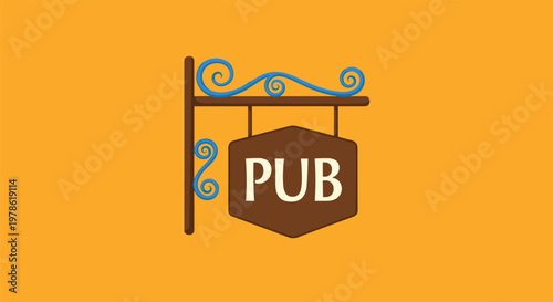 Traditional wooden hanging pub sign with blue decorative metal scrolls on a bright yellow background, perfect for bar or tavern branding.