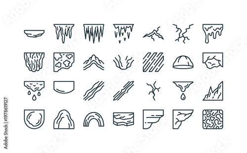 Cave ceiling formations with stalactite clusters, cave roof structures, mineral deposits and underground geology features clean