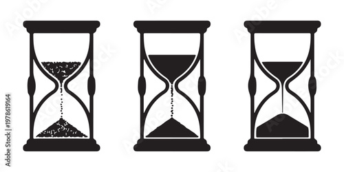 Three hourglass black icons showing different stages of sand flowing through glass bulbs on transparent background.