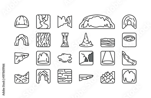 Stalactite cave environments with underground chambers, rock walls, cave passages and geological surroundings clean monoline