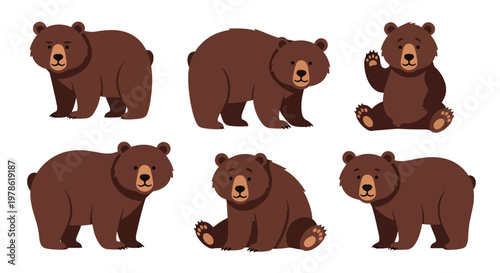 Collection set flat style vector illustration of brown grizzlies bears in different poses, wild animals isolated, forest wildlife characters, strong mammal design
