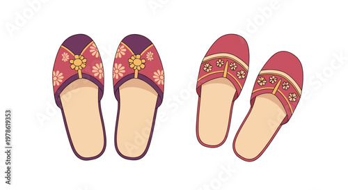 Two pairs of cozy indoor slippers with beautiful floral patterns in shades of purple and pink, featuring decorative yellow flower accents.