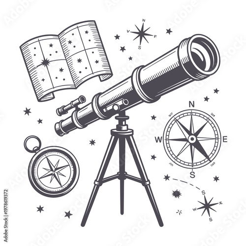 Astronomy Space Exploration Galaxy and Telescope Science Icons