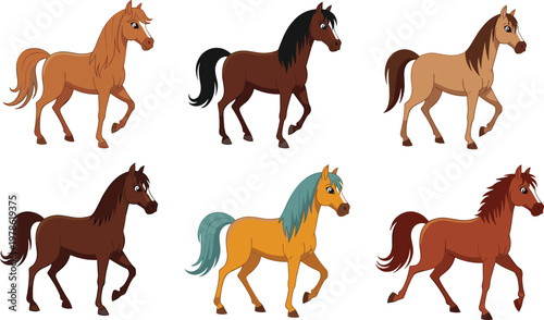 Horse Cartoon Illustration Set with Different Colors and Walking Poses Collection for Farm Animals, Wildlife, Equestrian, and Animal Character Design Projects