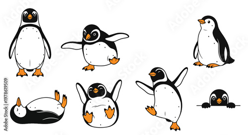 Collection set flat style vector illustration of penguins in different poses, arctic animals isolated, cute bird characters, winter wildlife design