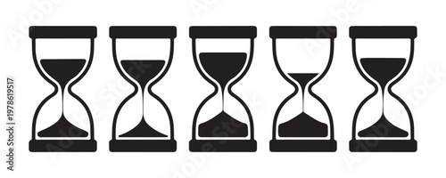 Set of five black hourglass icons with sand flowing at different stages isolated on transparent background art.