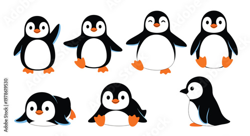 Collection set flat style vector illustration of penguins in different poses, arctic animals isolated, cute bird characters, winter wildlife design