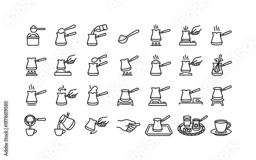 Cezve usage with pouring, brewing, stirring, serving, heating, measuring, and preparing Turkish coffee clean monoline outline icon