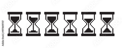 Black pixel art hourglass icons collection with varying sand levels isolated on transparent background design.