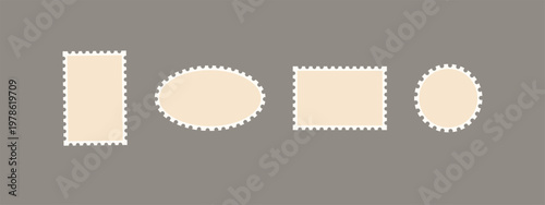 Set of blank frames of postage stamps. a retro post stamp set. Empty postal shapes border, and a collection of paper postmarks, suitable for mailing letters.