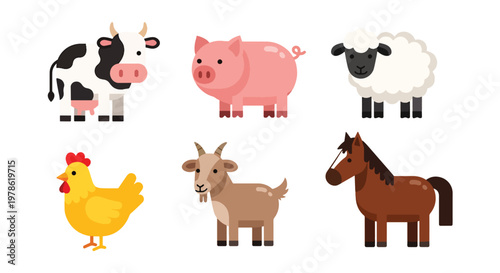 Collection set flat style vector illustration of farm animals including chicken, cow, pig, sheep, horse and goat, agriculture livestock characters isolated