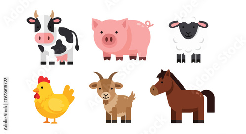 Collection set flat style vector illustration of farm animals including chicken, cow, pig, sheep, horse and goat, agriculture livestock characters isolated