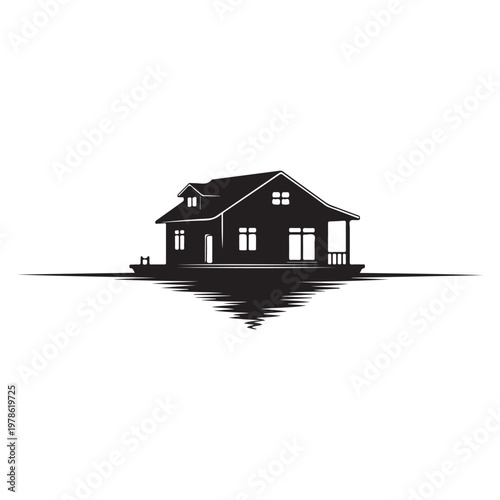 Floating house on water with reflection vector silhouette