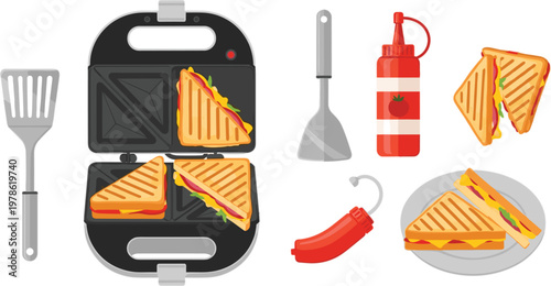 Grilled Sandwich Maker Vector Set with Toasted Sandwiches Kitchen Utensils Ketchup Bottle and Breakfast Food Cooking Collection Design