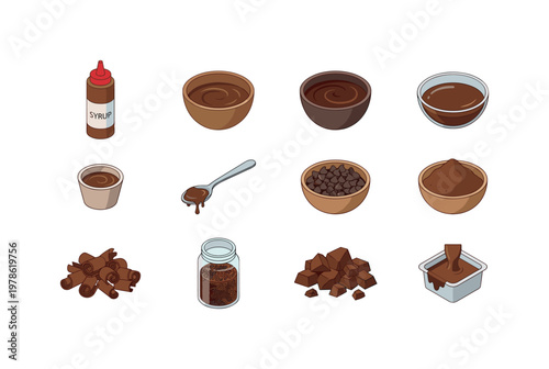 Collection of various chocolate products and ingredients in isometric style