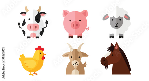 Collection set flat style vector illustration of farm animals including chicken, cow, pig, sheep, horse and goat, agriculture livestock characters isolated