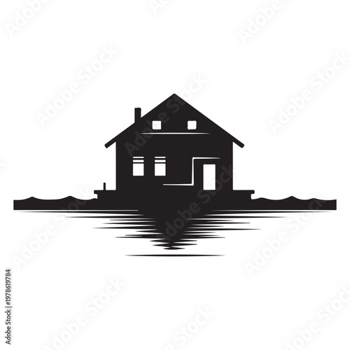 Floating house on water with reflection vector silhouette