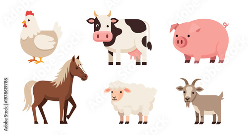 Collection set flat style vector illustration of farm animals including chicken, cow, pig, sheep, horse and goat, agriculture livestock characters isolated