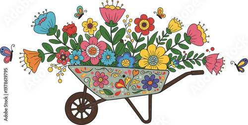 A vintage vector illustration of a cute cartoon child pushing a pink wheelbarrow full of gardening flowers like a toy stroller or antique baby carriage design